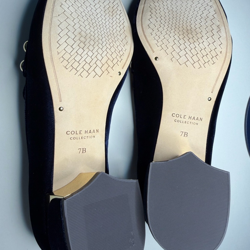 Cole Haan Navy Velvet Loafers with Gold Heel - Picture 3 of 3